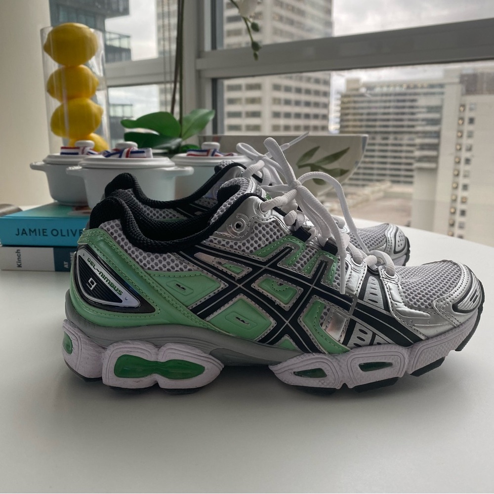 ASICS White and Green Running Shoes
